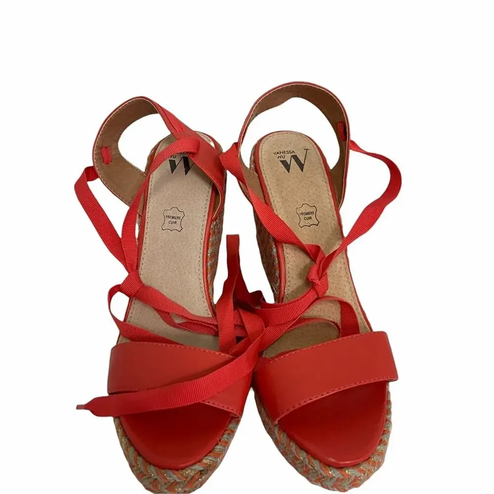 NWOT VANESSA WU Espadrille Wedge Coral Gold Gray Raffia Yarn Size 40/ US 10
